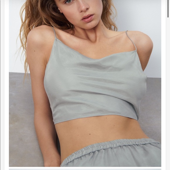 Grey crop top worn strappy backless detail. Matching set also available - Picture 5 of 9